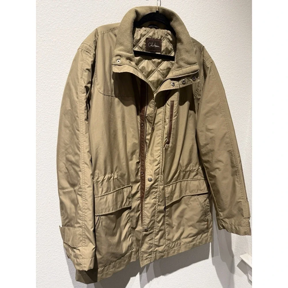 Cole Haan Mens Vtg Leather Trim Rain Thermore Coat‎ Size XL Khaki Weatherproof